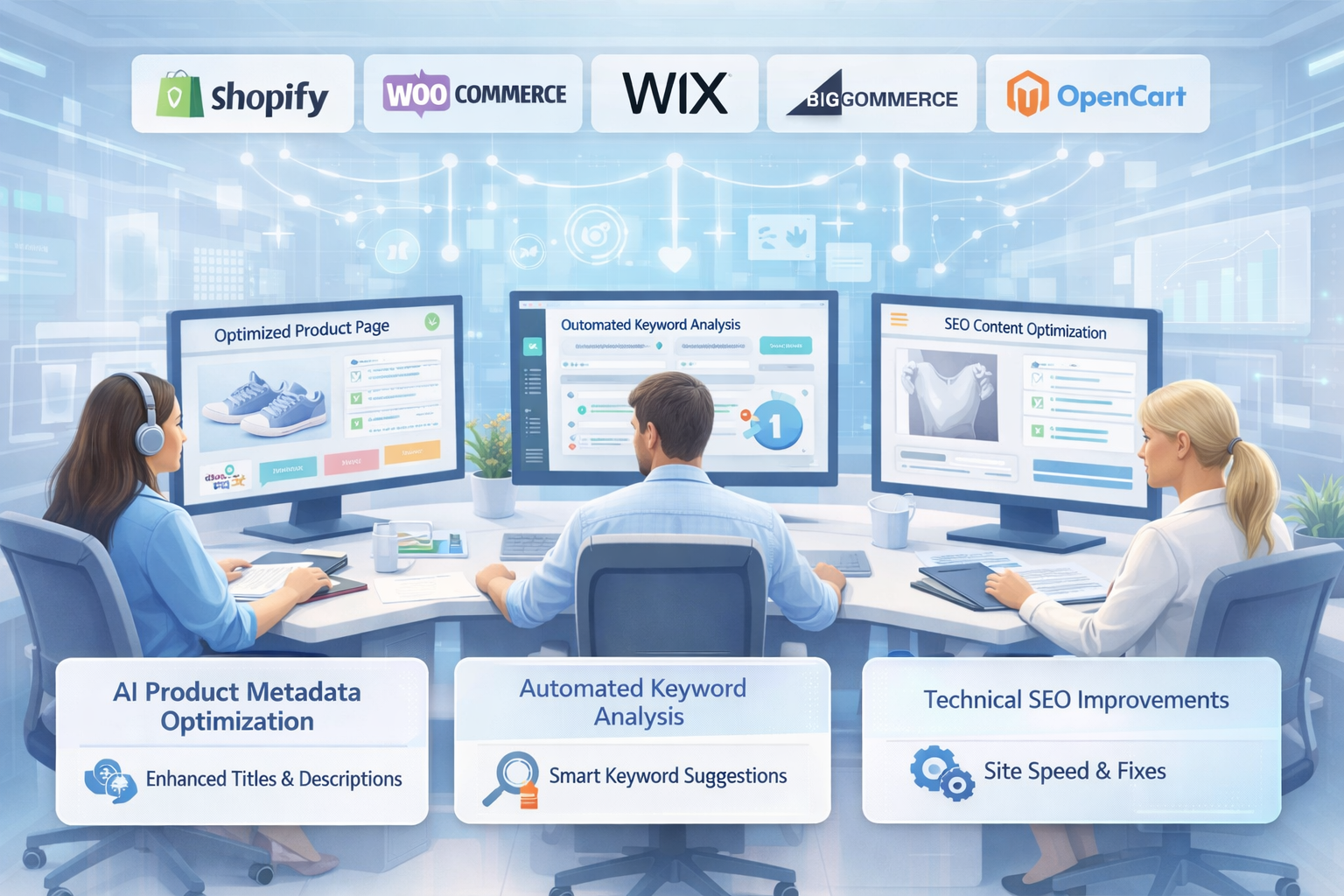 AI SEO for Shopify, WooCommerce, Wix, BigCommerce, Magento, and OpenCart Stores  